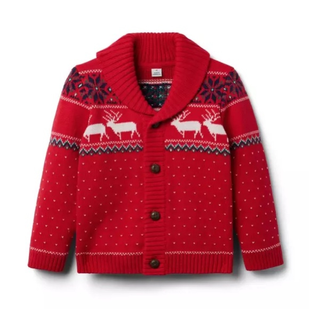 Janie and Jack Festive Fair Isle Red Knit Sweater Cardigan Boy 12-18 Christmas